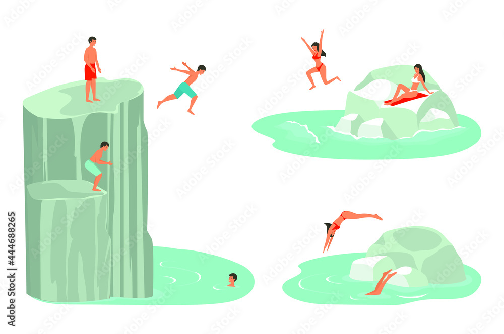 Characters or friends falling down in a sea or ocean, lake or river from hight precipice or stones. Summer recreation, water jumping, swimming or diving activity. People relaxing near the water.