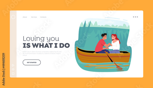 Loving Couple Sparetime Landing Page Template. Young Happy Girl and Boy Romance Dating. Man and Woman Floating Boat