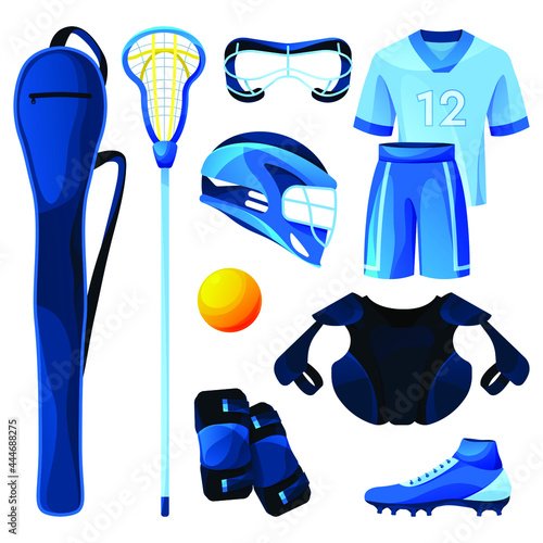 Lacrosse equipment, sport tools set. Vector flat icons of crosse or lacrosse stick, ball, goggles, cleats, goalie helmet, arm and chest guards, player's attire. Fast-moving, fun game, team sport.