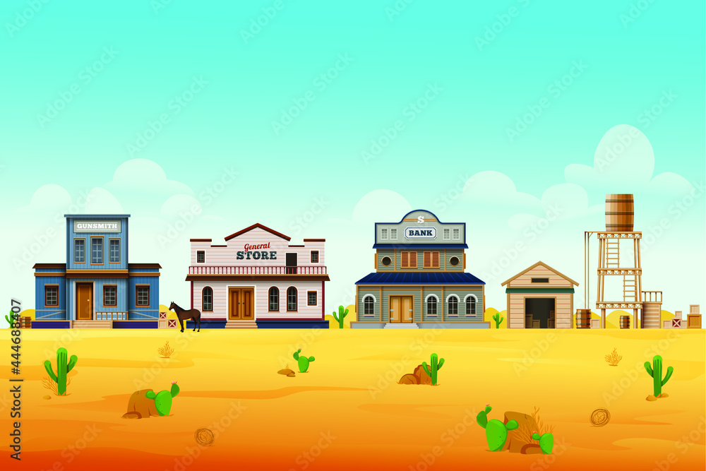 Wild west town or cityscape scenery, front street view. Background or backdrop with vintage western buildings, desert with cactuses. Vector cartoon illustration of western city scenery.