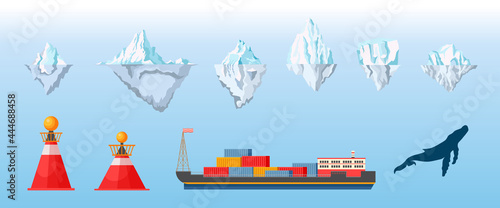 Icebergs, Ship with Metal Containers, Signaling Buoys and Whale Design Elements for Infographics, Isolated Ice Caps