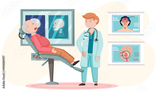 Otolaryngologist doctor with nose, ear and throat or ENT diagnostic and treatment instruments. Otology doctor with patient. Otorhinolaryngology healthcare medicine or otolaryngology diseases