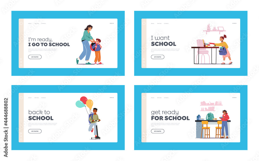 School Preparation Landing Page Template Set. Kids Prepare for Studying. Mother Character Take On Rucksack on Schoolboy