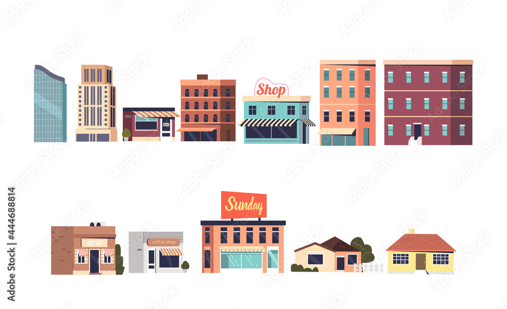 Set of city buildings shopping mall, house, office, cafe, restaurant, kiosk and coffee shop