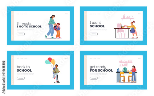 School Preparation Landing Page Template Set. Kids Prepare for Studying. Mother Character Take On Rucksack on Schoolboy © Hanna Syvak