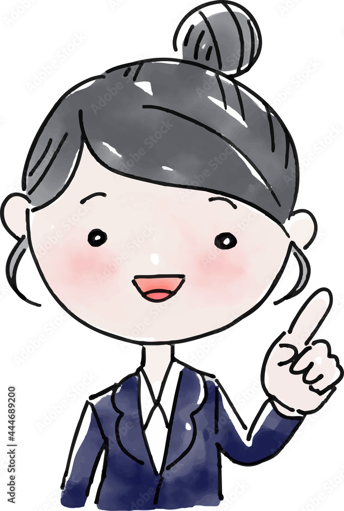 指をさすスーツのかわいい女性(黒髪おだんごヘア) 指をさすスーツのかわいい女性(黒髪おだんごヘア)