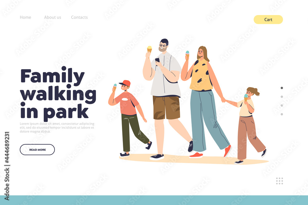 Family walk in park concept of landing page with parents and kids eating ice cream outdoors together Family walk in park concept of landing page with parents and kids eating ice cream outdoors together