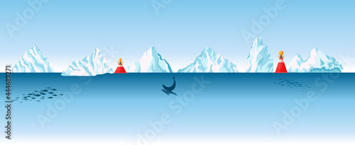 Ocean with Icebergs and Whales Cross Section View, Arctic or Antarctic Sea with Buoys Float on Water Surface, North Pole