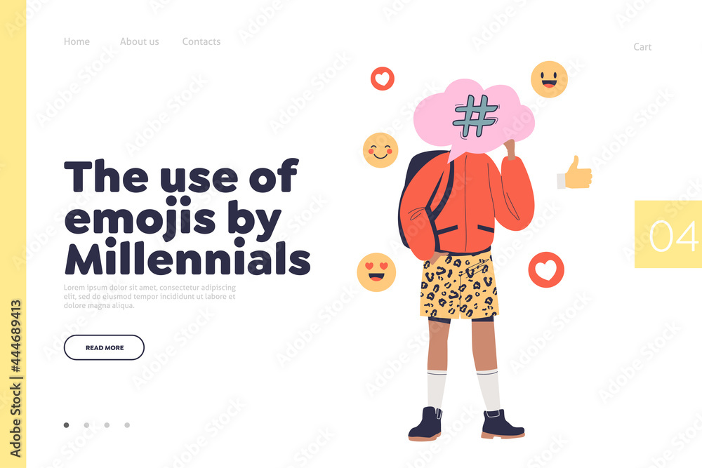 Use of emoji by millennials concept of landing page with hipster man share emotions in social media Use of emoji by millennials concept of landing page with hipster man share emotions in social media