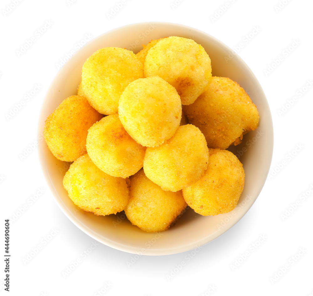 Bowl with fried potato balls on white background Bowl with fried potato balls on white background