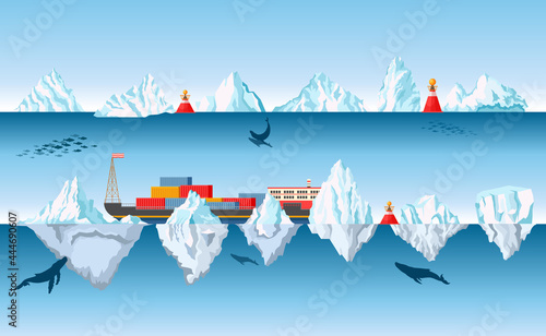 Container Ship Floating in Ocean with Icebergs and Whales. Arctic or Antarctic Research, Sea Logistics, Vessel in Risk