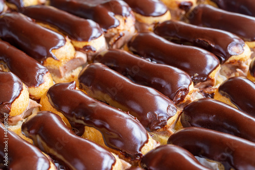 Close-up chocolate eclair cake