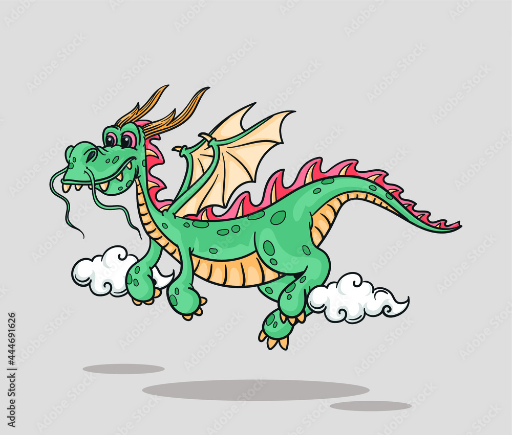 Fototapeta premium Cute dragon flying with small clouds, cartoon fire dragon kingdom legend