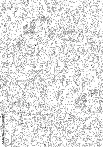 Vector seamless pattern with jungle animals leopards, monkey, snake, parrots, toucan and chameleon. Coloring page for children and adults. Black and white outline illustration. Hand drawn rainforest.