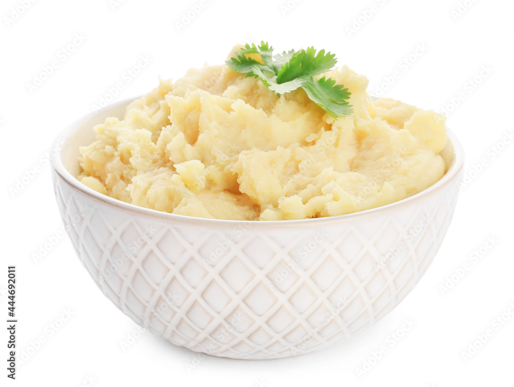 Bowl with tasty mashed potatoes on white background Bowl with tasty mashed potatoes on white background