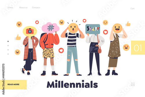 Millennials concept of landing page with y generation people sharing emotions in social media