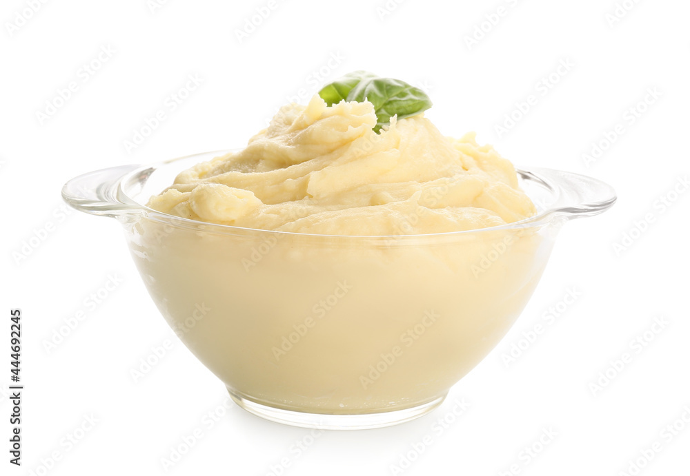 Pot with tasty mashed potatoes on white background Pot with tasty mashed potatoes on white background