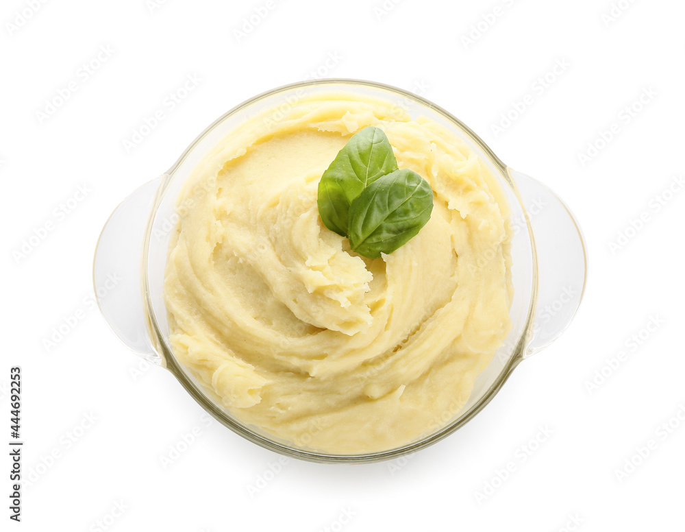 Pot with tasty mashed potatoes on white background Pot with tasty mashed potatoes on white background