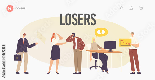 Characters Losers Landing Page Template. Businesswoman Deleted Data from Computer, Hater Laughing on Upset Man