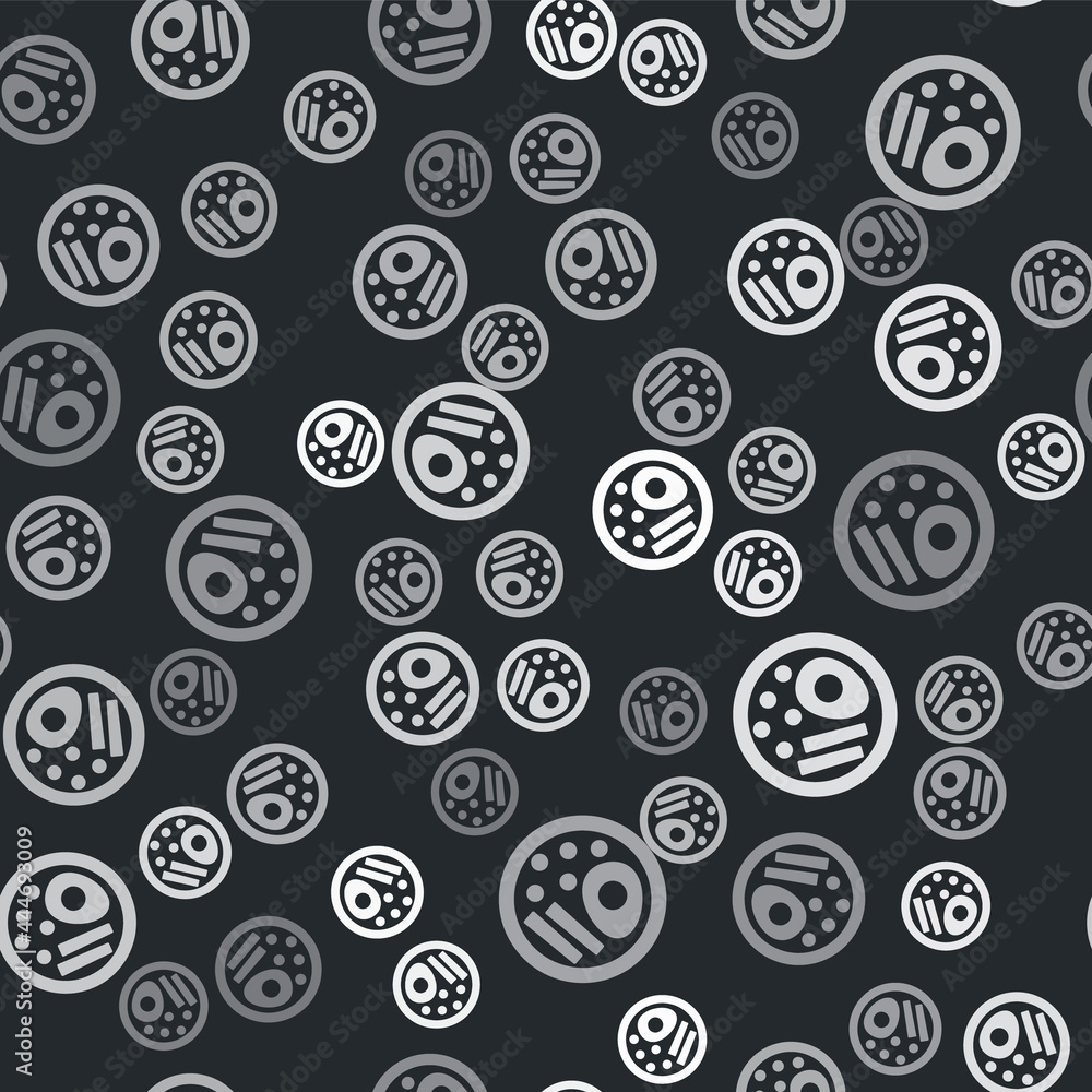 Grey Ramen soup bowl with noodles icon isolated seamless pattern on black background. Bowl of traditional asian noodle soup. Vector Grey Ramen soup bowl with noodles icon isolated seamless pattern on black background. Bowl of traditional asian noodle soup. Vector