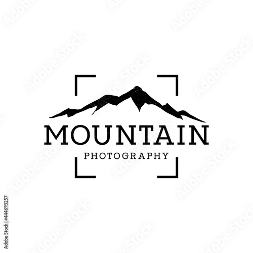 Mountain Landscape with Focus Square Lens Frame for Adventure Outdoor Nature Photography Photographer Logo Design