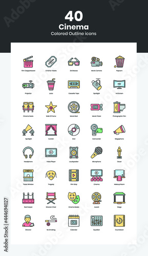 40 Movie and Cinema Icon Set - Multiplex Cinema Icon and Vector Set in Colored Outline
