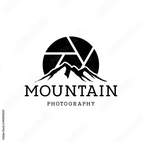 Mountain Landscape with Symbol Lens for Outdoor Nature Photography Adventure Photographer Logo Design