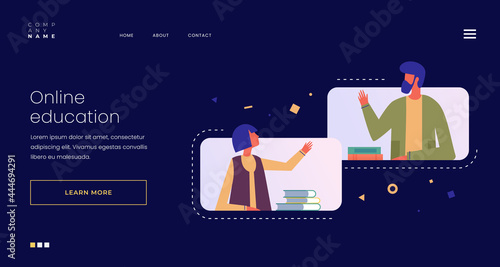 Header for website. The topic of online learning, distance communication. The teacher and the student communicate remotely. Homepage. Vector flat illustrations.