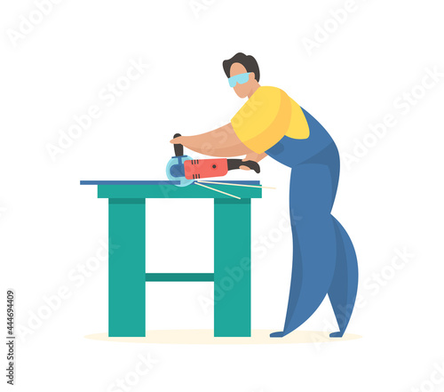 Worker with grinder. Professional and local cutting of accessories. Man in uniform at table cuts off building bar. Fast and quality work with modern power tools. Vector flat illustration