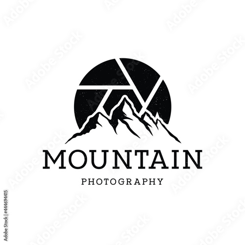 Mountain Landscape with Symbol Lens for Outdoor Nature Photography Adventure Photographer Logo Design photo