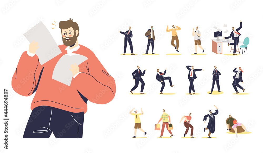Set of businessman at work, graduating student in different situations and emotions in formal wear Set of businessman at work, graduating student in different situations and emotions in formal wear