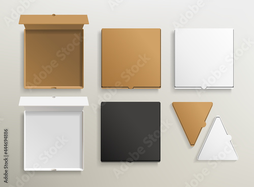 White and black pizza cardboard box set blank Mockup isolated on grey. Empty pizza slice box top view mockup template for. Realistic paper cardboard box