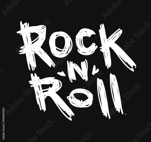 Rock n Roll music Grunge brush Lettering  for print tee or poster design isolated vector. Rock culture vintage style print stamp t-shirt. Vector lettering artwork	