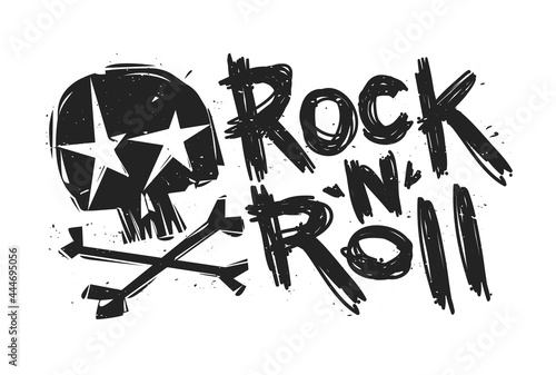 Rock'n'Roll music grunge Lettering with punk skull isolated vector. Rock n Roll culture vintage style print stamp t-shirt. Vector illustration isolated on white background