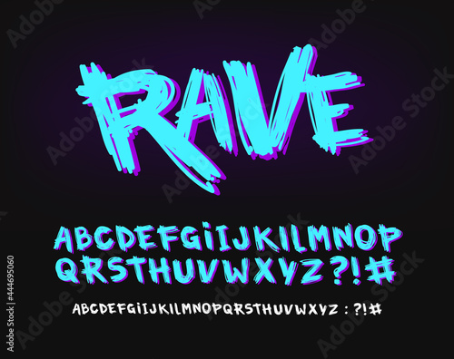 Rave cyberpunk brush style type font and vector doodle style alphabet. Set for print tee and poster design. Hand drawn lettering. Vector grunge type font