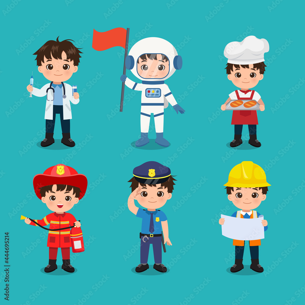 Collection of cute boy in different profession. Labor day clip art. Flat vector cartoon design
