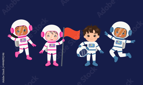 Cute female and male astronaut team. Flag vector cartoon design