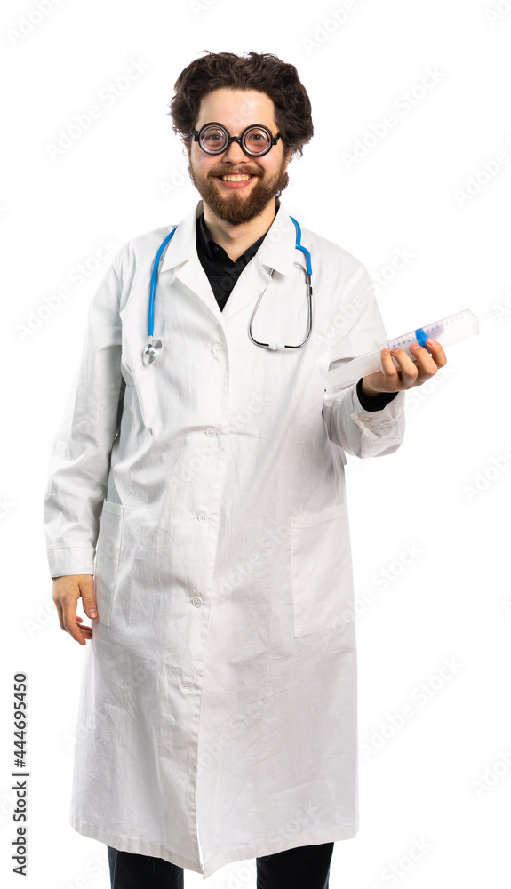strange doctor in funny glasses holds a big syringe and looks at us