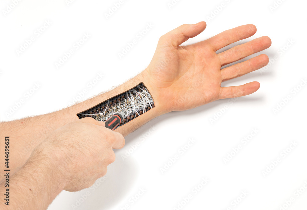 Fototapeta premium Robot hand inside human hand - Prosthesis concept, repairing