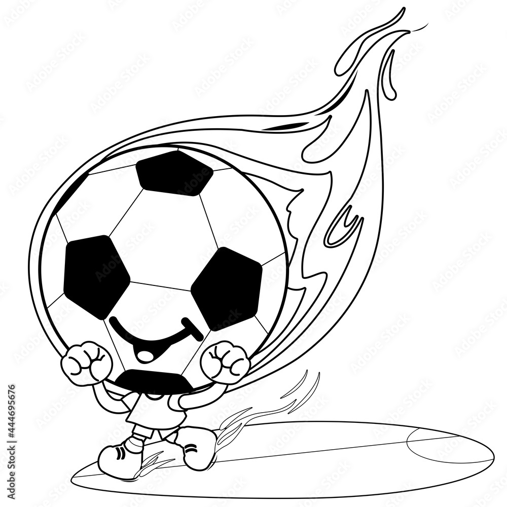 Cartoon soccer character on fire. Vector black and white coloring page