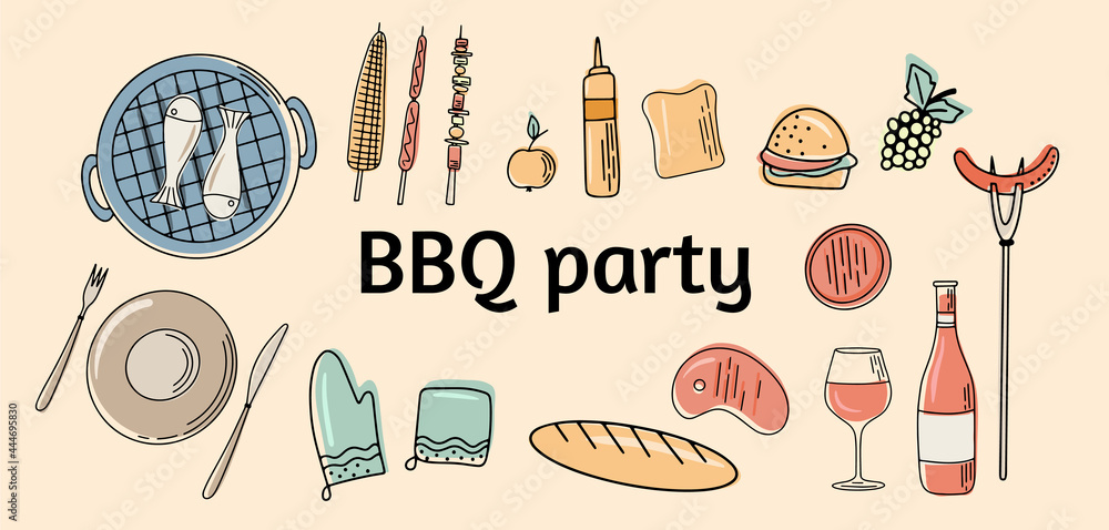Barbecue grill hand drawn elements set isolated on white background. For the design of the menu of cafes and restaurants, shop windows related to the theme of grilled food.