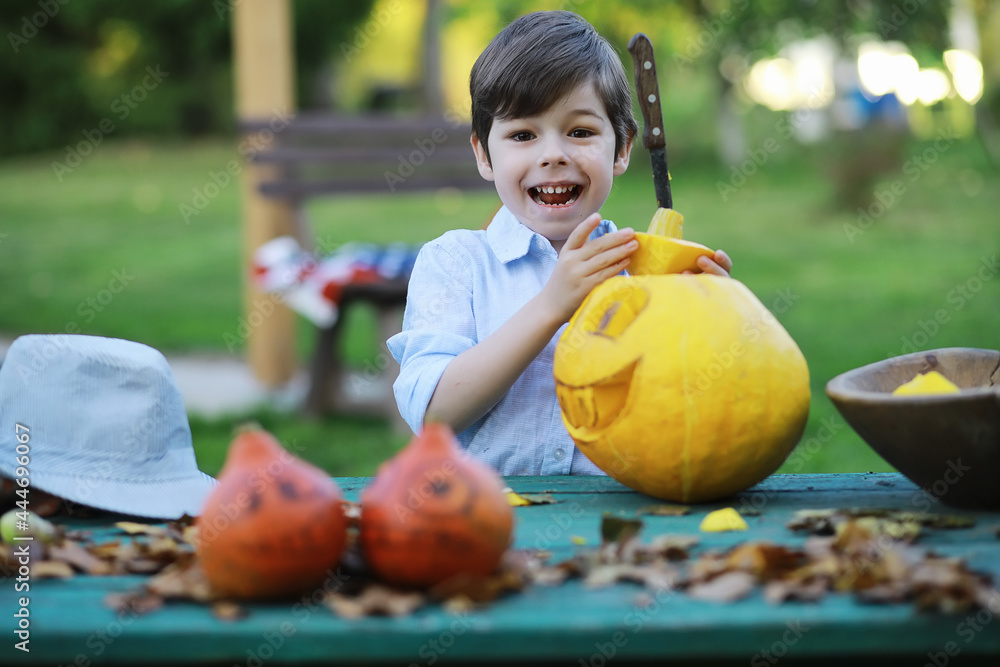 Fototapeta premium Autumn traditions and preparations for the holiday Halloween. A house in nature, a lamp made of pumpkins is cutting out at the table.