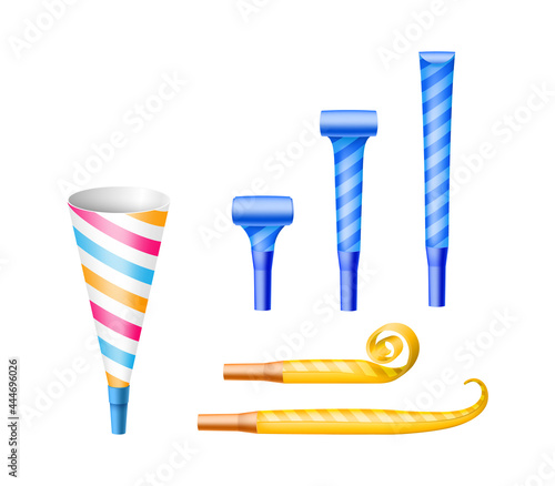 Set of party noisemakers: paper horn cones and blower whistles for event surprise celebration