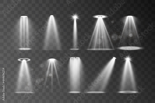 Stage lighting, a collection of transparent effects. Bright lighting with spotlights. Vector illustration.