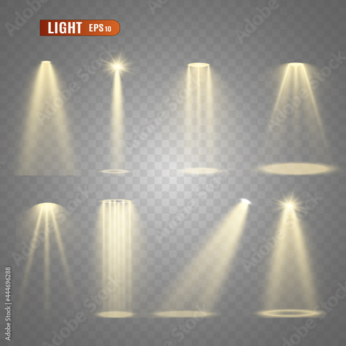 Stage lighting, a collection of transparent effects. Bright lighting with spotlights. Vector illustration.