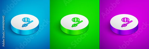Isometric line Stop sign with camera icon isolated on blue, green and purple background. Traffic regulatory warning stop symbol. White circle button. Vector