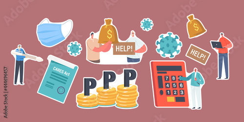 Set of Stickers PPP, Paycheck Protection Program. Business Characters, Mask, Money Pile, Cares Act and Calculator