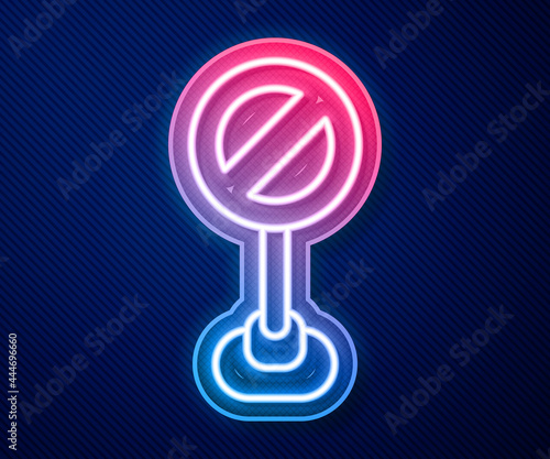 Glowing neon line Stop sign icon isolated on blue background. Traffic regulatory warning stop symbol. Vector