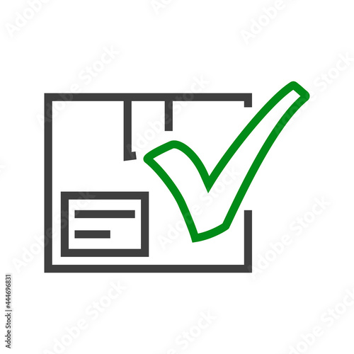 Envio aceptado. Icono caja de cartón con cheque de casilla de verificación con lineas en color gris y verde