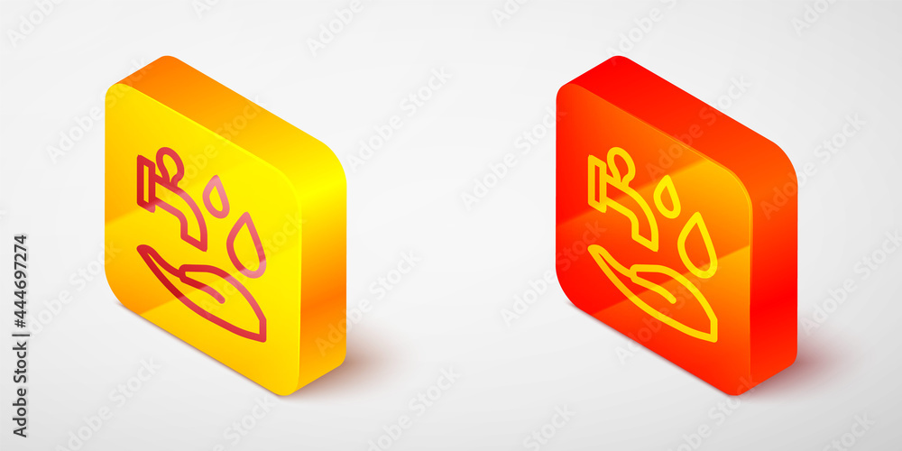 Isometric line Wudhu icon isolated on grey background. Muslim man doing ablution. Yellow and orange square button. Vector Isometric line Wudhu icon isolated on grey background. Muslim man doing ablution. Yellow and orange square button. Vector